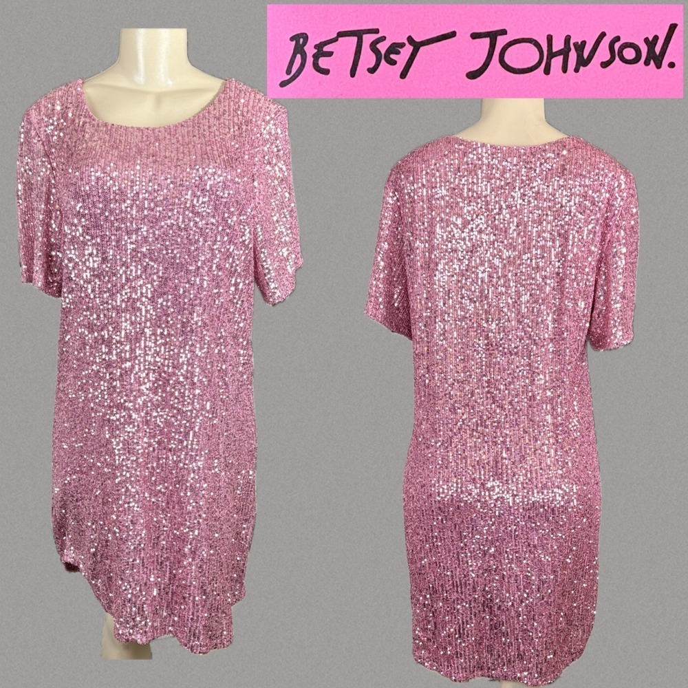 Betsey Johnson XL Pink Mesh Sequin Crew Neckline Short Sleeve Shift Mini Dress